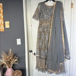 Panash Hand Embroidered Elegant Gray and Gold Dress Saree